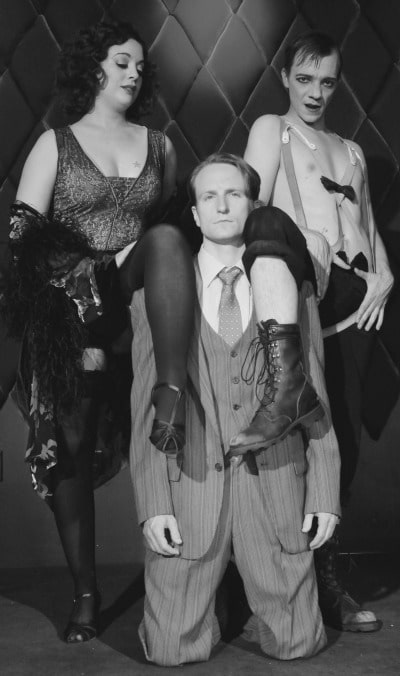 Lyndsay Palmer as Sally Bowles in 'Cabaret' alongside her real-life husband, Jeremy Palmer (Cliff Bradshaw), and Daniel Traylor (one of two Emcees).