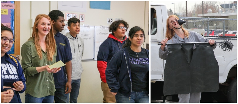 Teaching Artist Chloe McLeod in the classroom and performing in 'A Midsummer Night's Dream' as part of 'Shakespeare in the Parking Lot.' 