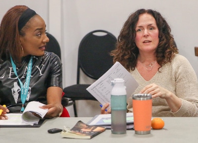 Cycerli Ash and Tara Falk in rehearsal for 'Sweat.' Photo by John Moore