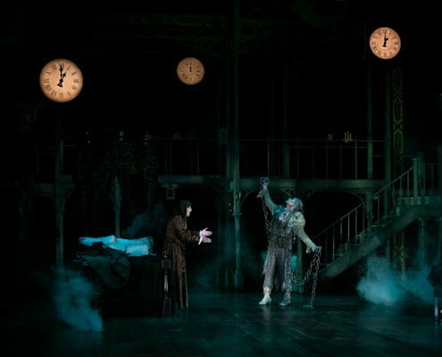 Scrooge pleads with Jacob Marley's ghost in A Christmas Carol