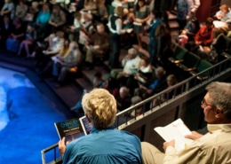 Audience members watching show