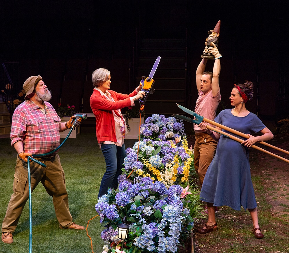 Two couples fighting each other with multiple gardening tools on opposite sides of a bed of blue hydrangeas