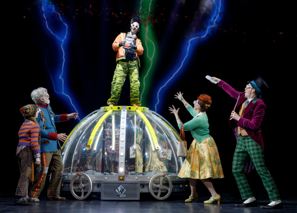 Daniel Quadrino as Mike Teavee and company. Roald Dahl’s CHARLIE AND THE CHOCOLATE FACTORY. Photo by Joan Marcus.