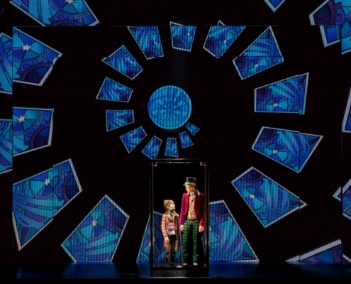 Henry Boshart as Charlie Bucket and Noah Weisberg as Willy Wonka. Roald Dahl’s CHARLIE AND THE CHOCOLATE FACTORY. Photo by Joan Marcu