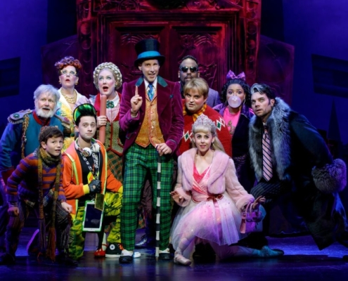 Noah Weisberg as Willy Wonka and company. Roald Dahl’s CHARLIE AND THE CHOCOLATE FACTORY. Photo by Joan Marcus.