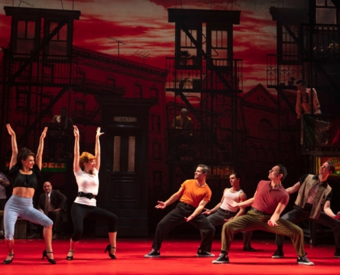 (foreground, l to r) Haley Hannah, Kyli Rae, Joseph Sammour, Giovanni DiGabriele, Joshua Michael Burrage and Sean Bell. (background, l to r) Robert Pieranunzi, Michael Barra, Paul Salvatoriello. (on balconies, l to r) Joey Calveri, Mike Backes and John Gardiner. Photo: Joan Marcus