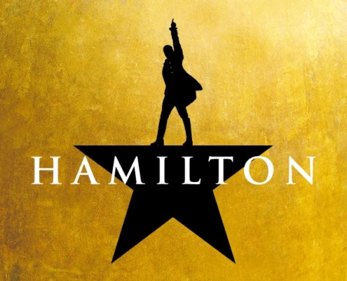 Hamilton Silhouette of Alexander Hamilton pointing upward as the top of a black, five-pointed star. Hamilton text in white.