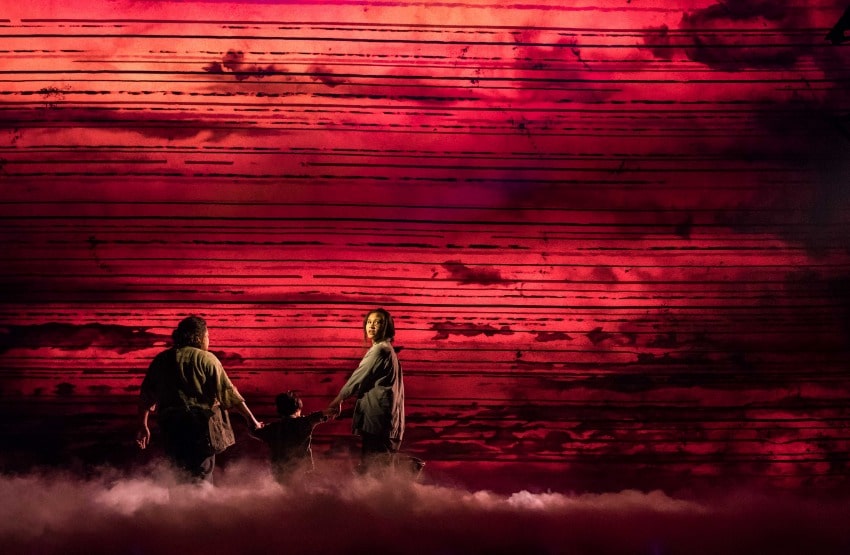 Red Concepción as ‘The Engineer,’ Jace Chen as ‘Tam’ and Emily Bautista as ‘Kim’ in the North American Tour of MISS SAIGON. Photo: Matthew Murphy