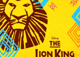 Illustration of a lion head over a yellow background with African-inspired accents in teal and orange.