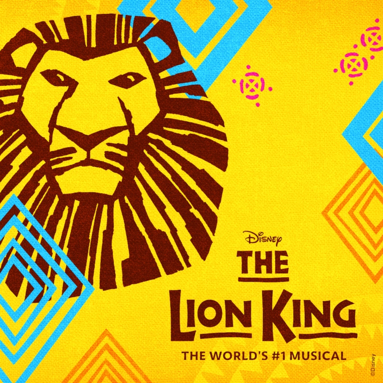 Illustration of a lion head over a yellow background with African-inspired accents in teal and orange.