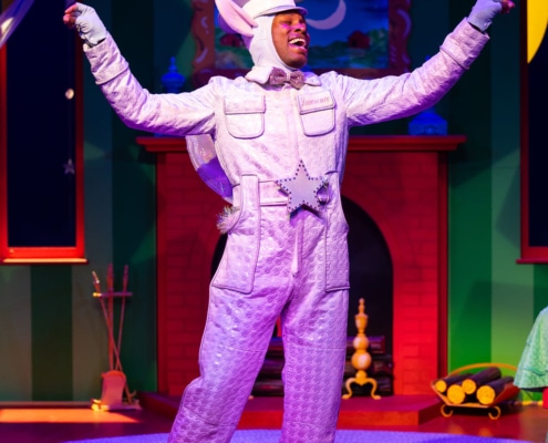 A performer dressed as the Tooth Fairy stands on a colorful stage set resembling a cozy bedroom. The costume is silver but appears purple under stage lighting, featuring a quilted jumpsuit with decorative pockets, a matching hat with pointed ears, and glowing shoes. A large star-shaped belt buckle is centered on the waist, with additional star accents on the belt. The performer’s arms are raised outward in a dramatic pose. The background includes a red fireplace with a blue painting above it, green striped walls, windows with starry night scenes and striped curtains, and a circular grey rug on the floor.
