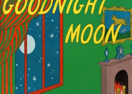 Illustration of a room with a window showing the night sky, a fireplace, and the text 'GOODNIGHT MOON' in large yellow letters.