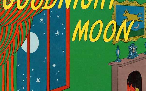 Illustration of a room with a window showing the night sky, a fireplace, and the text 'GOODNIGHT MOON' in large yellow letters.