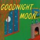 Illustration of a room with a window showing the night sky, a fireplace, and the text 'GOODNIGHT MOON' in large yellow letters.
