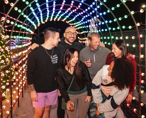 A group of six young adults smile and laugh at each other beneath a light covered archway.