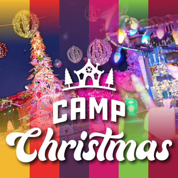 Camp Christmas. Festive holiday scenes and a Christmas tree made of lights with rainbow-colored horizontal stripes and Camp Christmas in text