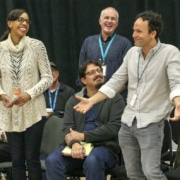 Twelfth Night first rehearsal. Krystel Lucas, Sam Gregory and Erick González. Photo by John Moore