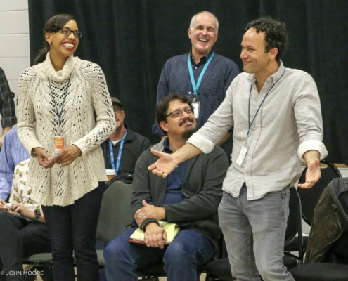 Twelfth Night first rehearsal. Krystel Lucas, Sam Gregory and Erick González. Photo by John Moore