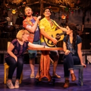 Shelly Lynn Walsh as Tammy, Peter Michael Jordan as Brick, Chris Clark as Tully, Sarah Hinrichsen as Rachel in Jimmy Buffett’s ESCAPE TO MARGARITAVILLE. © Matthew Murphy