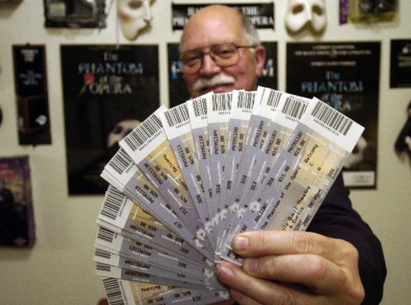 Richard Moore displays his tickets for the 2005 run of 'Phantom' in Denver. Courtesy Richard Moore. 