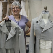 Sheila Morris with the beginnings of her two jackets for two different actors playing Frankenstein in 2016. Photo by John Moore.