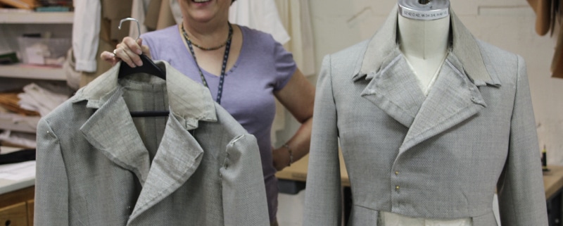 Sheila Morris with the beginnings of her two jackets for two different actors playing Frankenstein in 2016. Photo by John Moore.