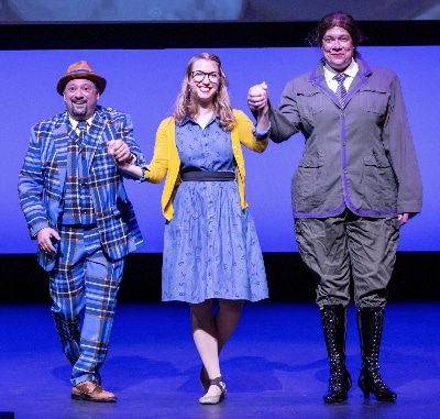 Nathan Halvorson, right, performs as Miss Trunchbull at the 2019 Henry Awards ceremony with Scott RC Levy and Carmen Shedd. RDG Photography 