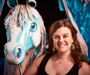 Katy Williams with her winged creaton for the 2014 University student production of 'The Myth of Pegasus.'