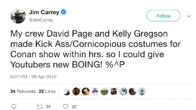 Jim Carrey sent out an appreciative Tweet in 2010 after Kelly Gregson outfitted him for an appearance on 'Conan.' 