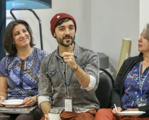 Frankie J. Alvarez, left, and Zeus Mendoza took a break from rehearsal to perform a scene from 'twenty50' for DCPA employees. Photo by John Moore