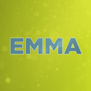 The word Emma in blue over a greenish/yellow background