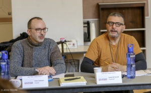 Chris Coleman and Yussef El Guindi seated during rehearsals for Hotter Than Egypt