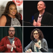 The second class of The Playwrights' Group, clockwise from top left: Kenya Fashaw, Josh Hartwell, Felice Locker and Frank Oteri.