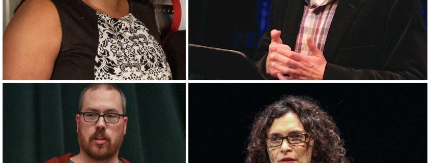 The second class of The Playwrights' Group, clockwise from top left: Kenya Fashaw, Josh Hartwell, Felice Locker and Frank Oteri.