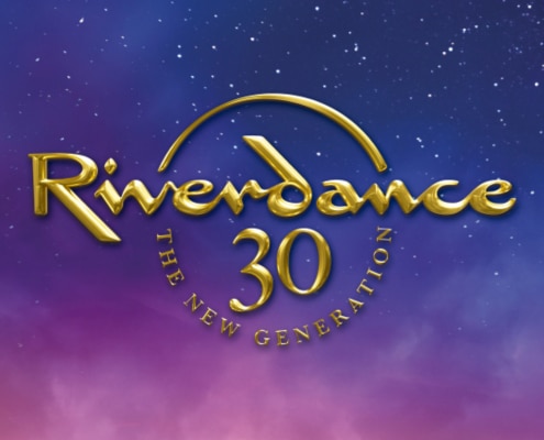 A graphic with elegant gold lettering that reads Riverdance 30: The New Generation set against a starry night sky fading into purple clouds