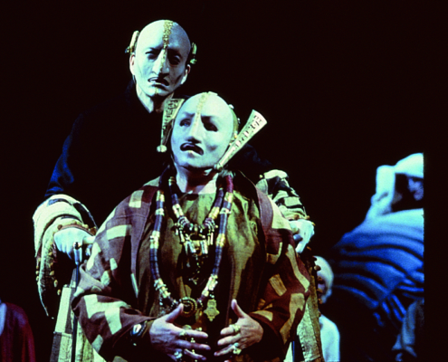 Ann Mitchell (foreground) as Hecuba and Greg Hicks as Priam in the 2000 Denver Center Theatre Company production of Tantalus. Photo by p. switzer