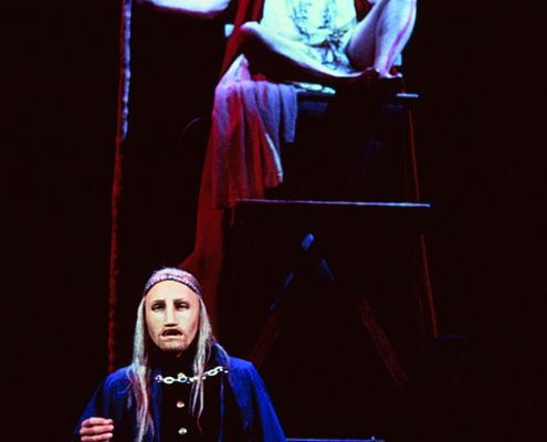 Greg Hicks (foreground) as Menelaus and Alan Dobie as Calchas in the 2000 Denver Center Theatre Company production of Tantalus. Photo by p. switzer