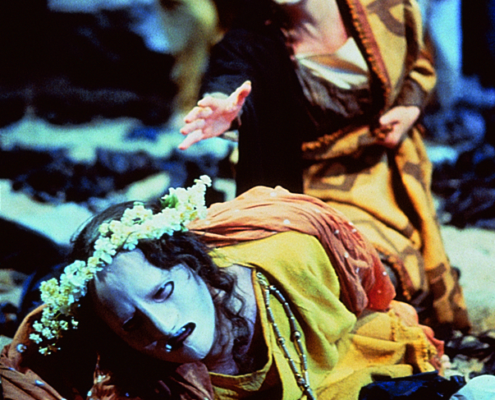 Robert Petkoff (foreground) as Neoptolemus and Annalee Jefferies as Andromache in the 2000 Denver Center Theatre Company production of Tantalus. Photo by p. switzer