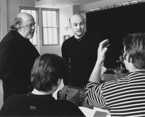 Directors Sir Peter Hall & Mick Gordon (facing l-r) talk with director Edward Hall & Associate Director/Dramaturg Colin Teevan (not facing 1-r) during rehearsals of Peter Hall’s production of TANTALUS. Photo by p. switzer.