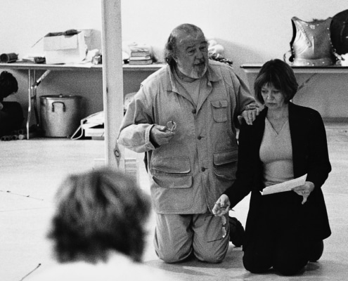 Director Sir Peter Hall works with Annalee Jefferies on his production of TANTALUS, written by John Barton. Photo by p. switzer.