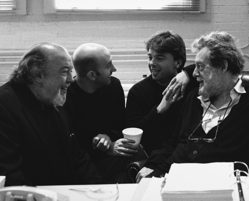 Directors Sir Peter Hall, Mick Gordon and Edward Hall talk with author John Barton during rehearsals of TANTALUS. Photo by p. switzer.