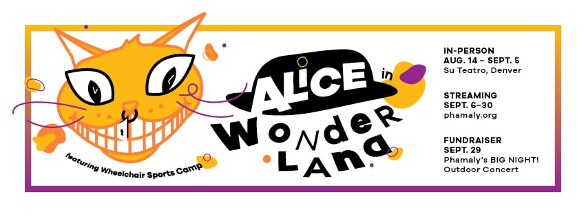 An illustration of a yellow cat with a hat that says "Alice", surrounded by the the bold text "in Wonderland".