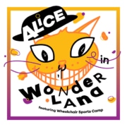 An illustration of a yellow cat with a hat that says "Alice", surrounded by the the bold text "in Wonderland".