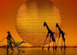 Puppets of a cheetah and two giraffes are silhouetted against a setting sun backdrop.