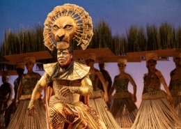 A theatrical performance featuring a performer in an elaborate costume with a lion headpiece, surrounded by other performers in traditional attire. The background includes tall grass and a blue sky, creating an African savanna setting.