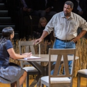 Actors Valentina Guerra and Matthew Orduña on stage during a performance of twenty50 at the Denver Center for the Performing Arts