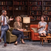 Cast of DCPA’s Who’s Afraid of Virginia Woolf? sits in a mod-style living room onstage