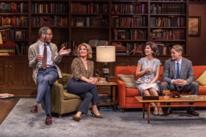 Cast of DCPA’s Who’s Afraid of Virginia Woolf? sits in a mod-style living room onstage