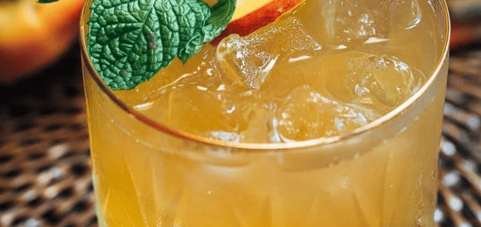 a rocks glass filled with a yellow beverage and topped with a peach slice and mint leaves is sitting in a brown wicker surface with whole peaches in the background