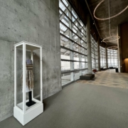 Kate Slaughterback's rattlesnake dress in a display case outside the Wolf Theatre